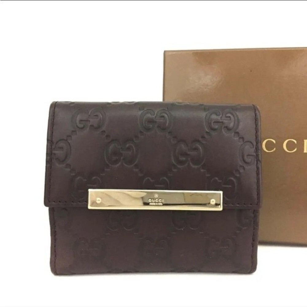 GUCCI Ssima GG Log  Leather Bifold Wallet Brown